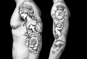 Roulette casino and princess and cross, baby angels, roses and clock and stars and fish, crown tattoo idea