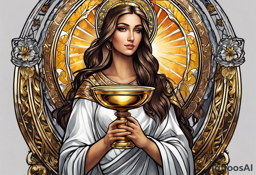 woman saint holding chalice surrounded by golden halo portrait tattoo idea
