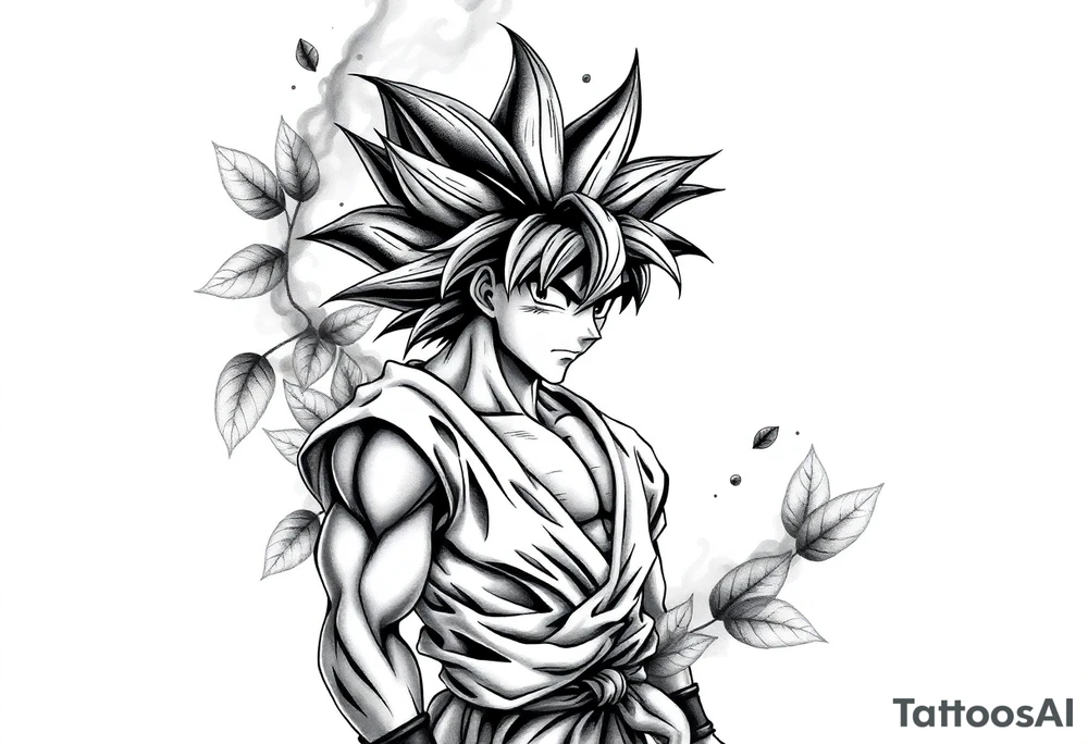 Tattoo design of Son Goku with smoke flowing through his body, surrounded by leaves in negative space effect, featuring soft shading around the edges and dotwork shading inside, with multiple contrast levels throughout. Highly detailed, intricate design with dynamic composition, emphasizing the interaction between the smoke and character, with the negative space leaves creating depth and balance. Professional tattoo art style with clean lines and sophisticated shading techniques. tattoo idea