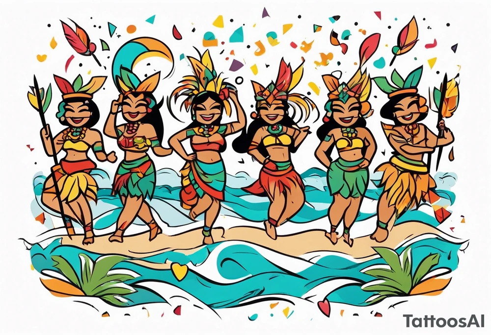 hulu tiki party with dancing tiki guys and sexy tiki girls on a beach with music notes and confetti around a blank space in the middle tattoo idea