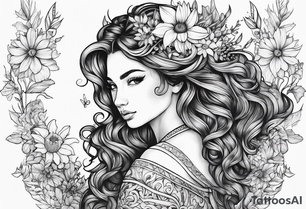 wildflowers and unicorn and warrior curly hair princess half sleeve arm tattoo idea