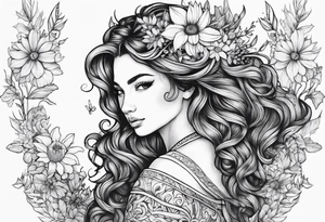 wildflowers and unicorn and warrior curly hair princess half sleeve arm tattoo idea