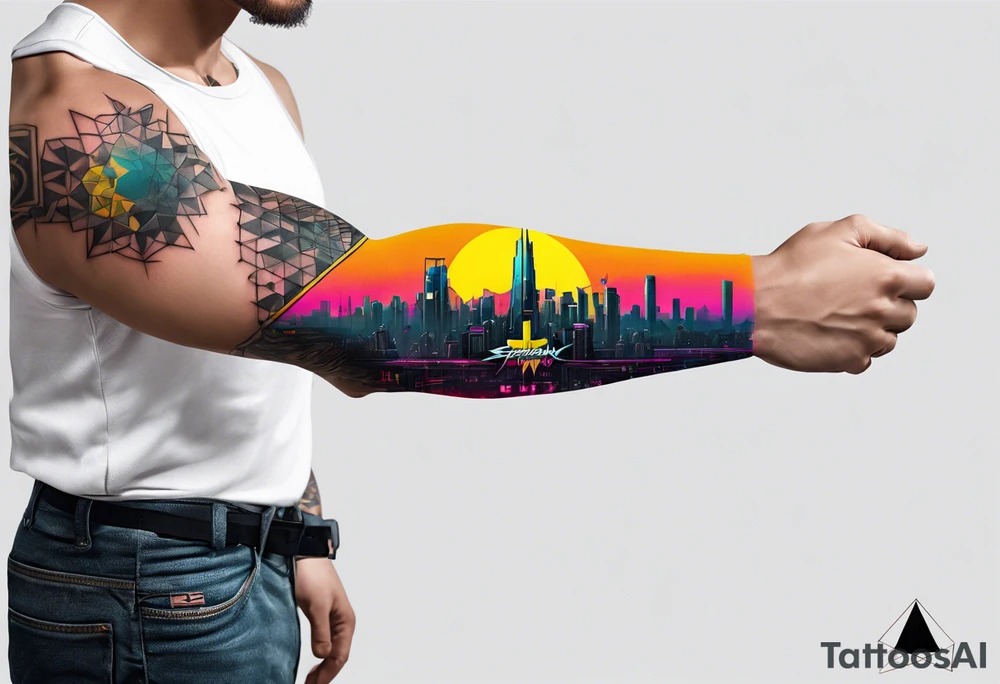 cyberpunk 2077, forearm tattoo, geometric, subtle, men, city skyline, bright colour, tattoo idea