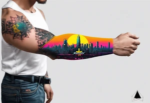 cyberpunk 2077, forearm tattoo, geometric, subtle, men, city skyline, bright colour, tattoo idea