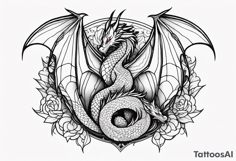 Mother dragon protecting 3 young dragons wings spread tattoo idea