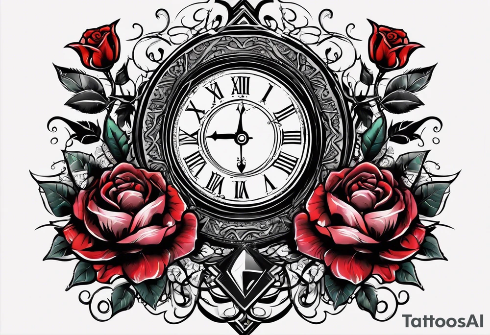 I want a design for printing on t-shirts, the design is an hourglass with a hand clock in the middle with Amazigh numbers, and these two main elements are mixed with thorny roses and planets tattoo idea