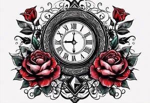 I want a design for printing on t-shirts, the design is an hourglass with a hand clock in the middle with Amazigh numbers, and these two main elements are mixed with thorny roses and planets tattoo idea