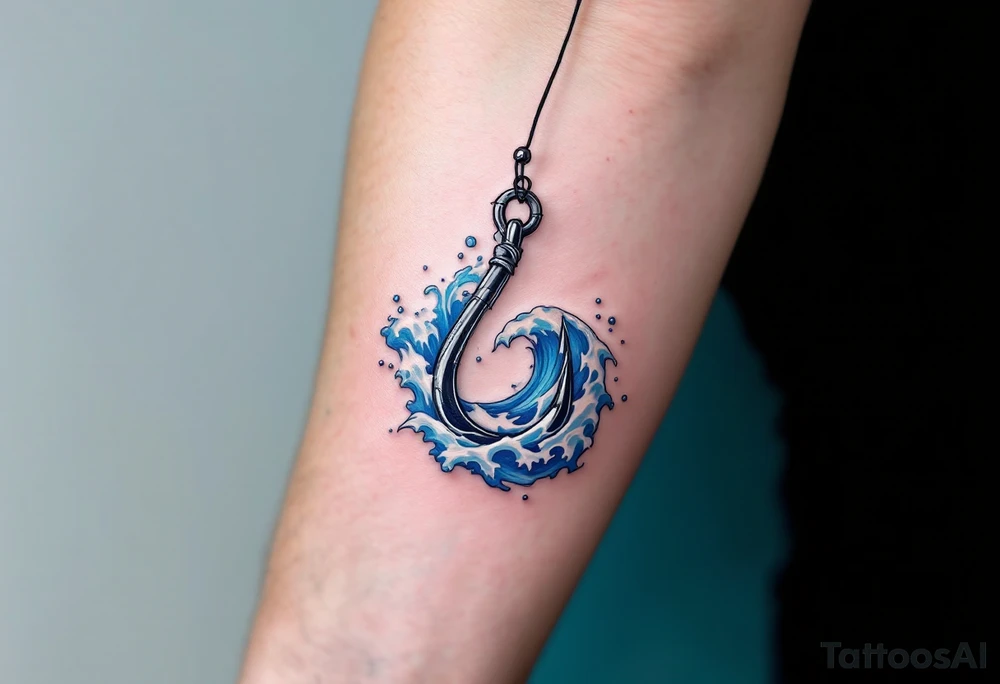 Wave-Wrapped Hook – A fishing hook surrounded by soft blue waves with gentle foam, blending the themes of water and adventure. The hook could be dark silver with soft blue highlights. tattoo idea