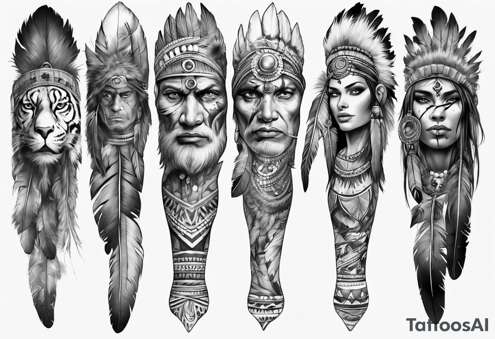 indian realistic leg sleeve with human face and feathers
and maybe some animals evil looking tattoo idea