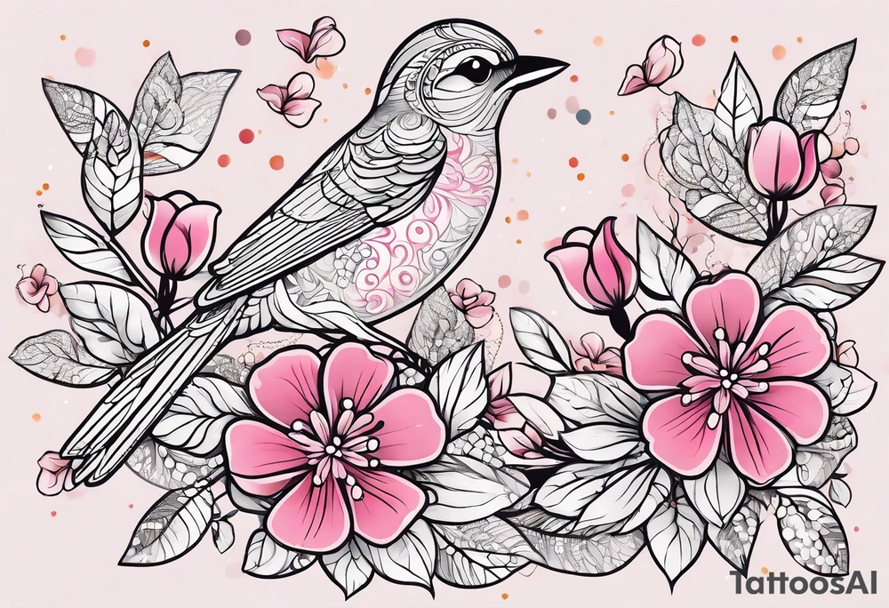 Small Pink flowers with decorative dott pattern and a bird tattoo idea