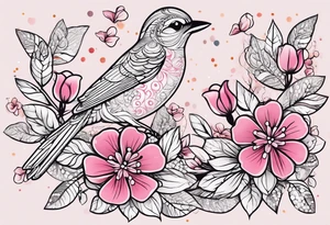 Small Pink flowers with decorative dott pattern and a bird tattoo idea