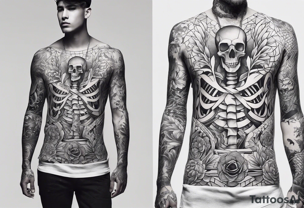 ONLY ON Half body tattoo's left side of body fully tattooed non of right half of body. Start with having the tattoo outline the human skeleton and implement elements such as fire lighting water. FINE LINES tattoo idea
