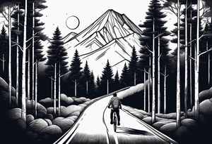 A man with a backpack walking down a road lined with trees, wheeling a bicycle towards a mountain tattoo idea