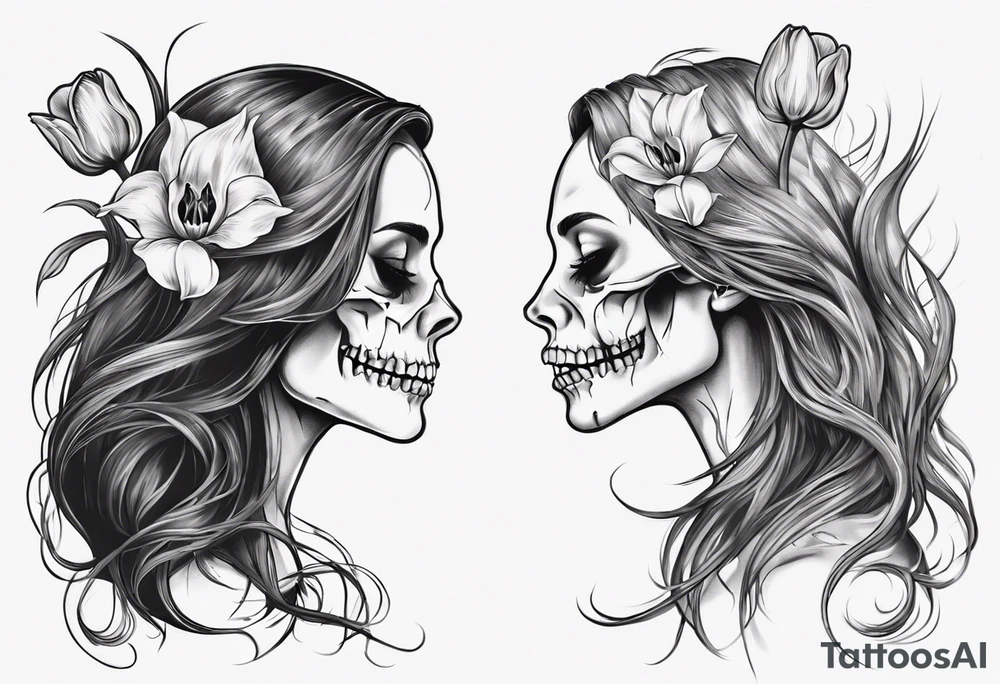 sideview of smiling female skull with long hair, one decayed tulip, one perfect tulip and one tulip bud tattoo idea