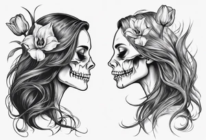sideview of smiling female skull with long hair, one decayed tulip, one perfect tulip and one tulip bud tattoo idea