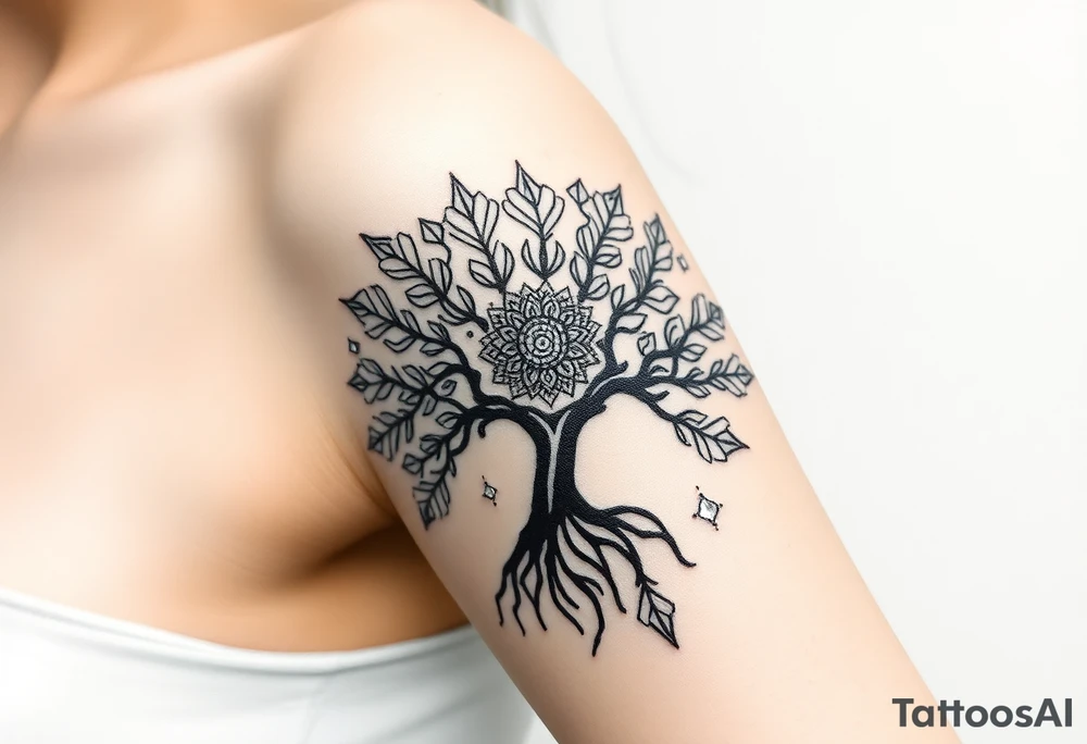 powerful, graceful, tree of life, with mandala incorporate, and jewels, sparkling tattoo idea