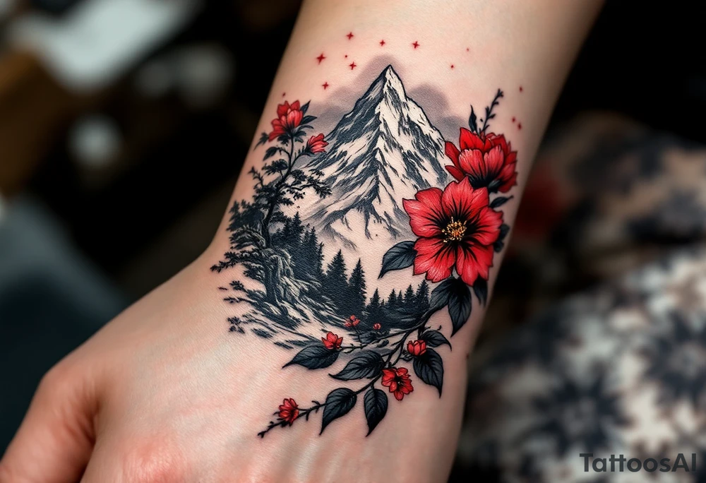 vertical wrist size red  and black rhododendron trippy with Himalayas behind tattoo idea