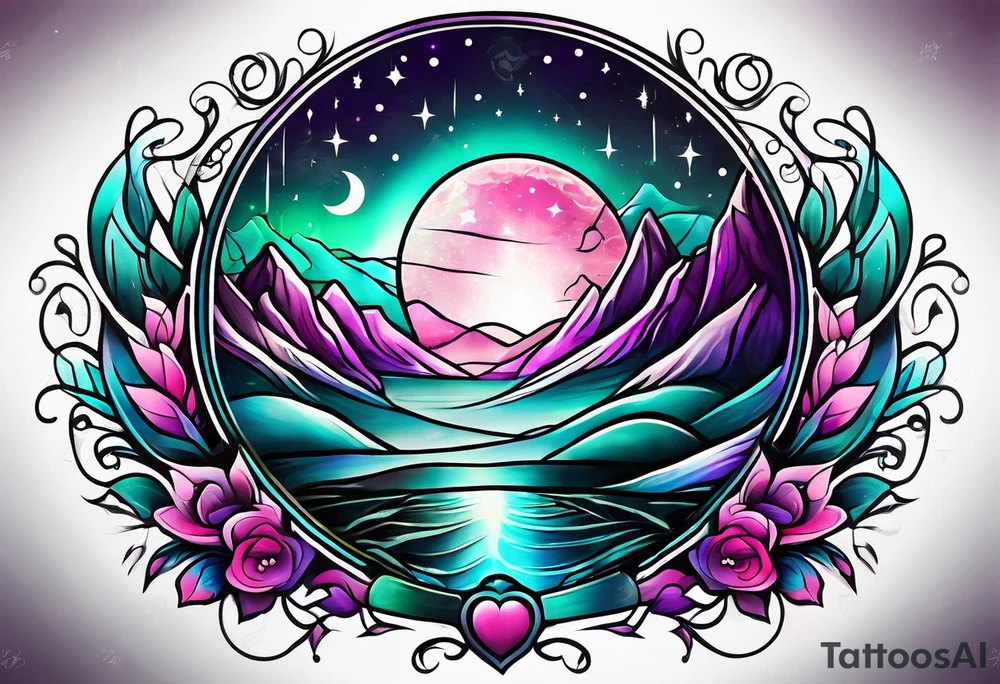 Pink purple teal green northern lights and stars tattoo idea
