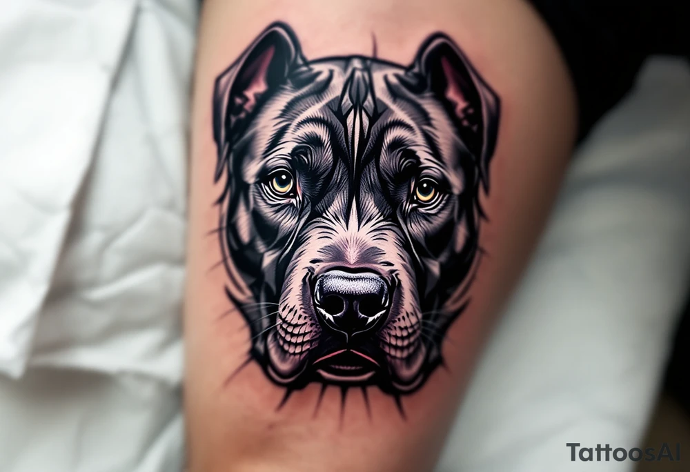 Black and gray pitbull head in realistic style, ears cropped, eyes intense, detailed fur texture with subtle shading for depth. tattoo idea