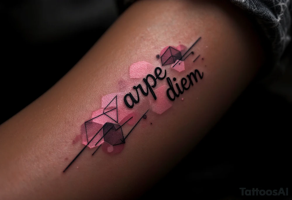 Pink ink lettering "arpe diem" on darker skin, glowing subtly like chalk on a blackboard, surrounded by geometric shapes. tattoo idea