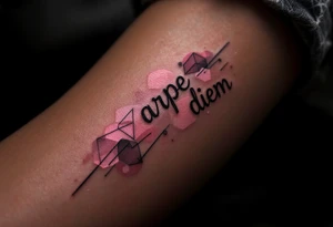 Pink ink lettering "arpe diem" on darker skin, glowing subtly like chalk on a blackboard, surrounded by geometric shapes. tattoo idea