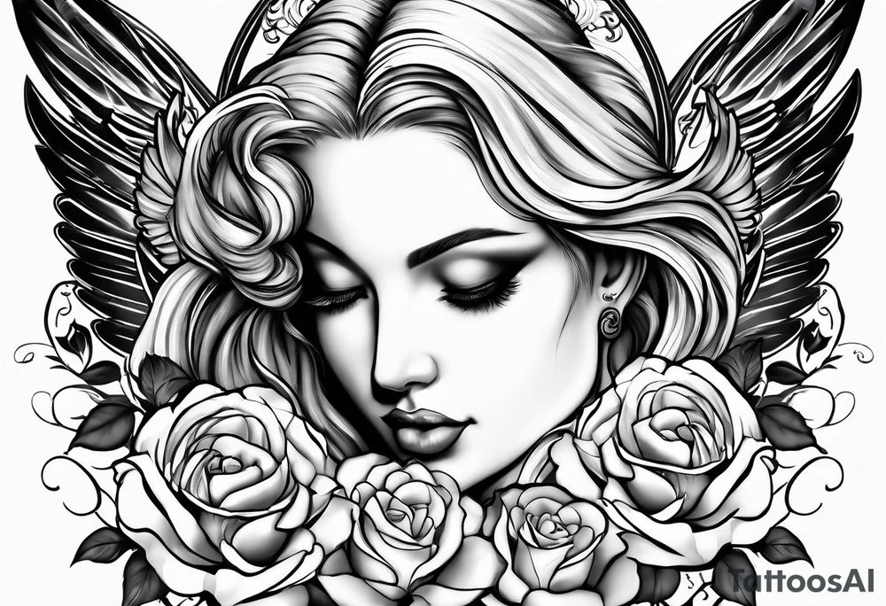 Angel, roses, name MARTINA tattoo idea