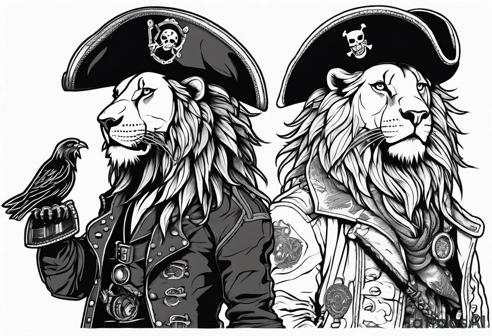 Pirate lion wearing jacket, sword and pistol, nautical steampunk theme. dreadlocks. tattoo idea