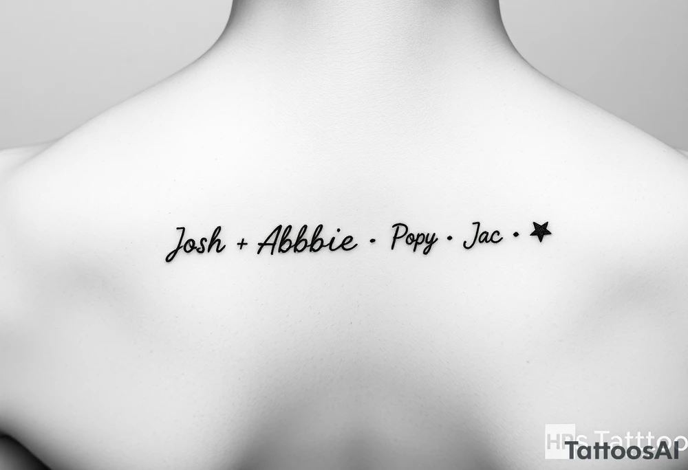 an anklet with the names Josh•Abbie•Poppy•Zac•Jack•Bella•Oscar•Jude•Jaxson tattoo idea