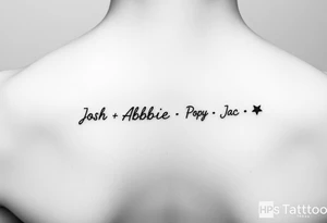 an anklet with the names Josh•Abbie•Poppy•Zac•Jack•Bella•Oscar•Jude•Jaxson tattoo idea