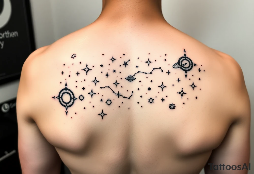 Give me a nighttime constellation tattoo with 10 different variances of stars of 40 stars, and additional cosmo items e.g. planets, etc. tattoo idea