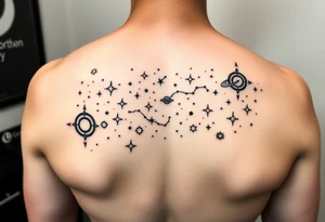 Give me a nighttime constellation tattoo with 10 different variances of stars of 40 stars, and additional cosmo items e.g. planets, etc. tattoo idea