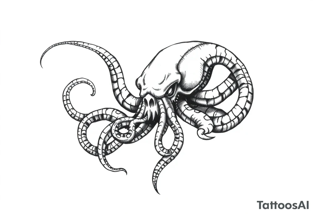 A minimalist blackwork tattoo design of an evil kraken The kraken is viewed from a 45-degree angle facing left, with its head centered. tattoo idea