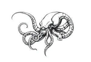 A minimalist blackwork tattoo design of an evil kraken The kraken is viewed from a 45-degree angle facing left, with its head centered. tattoo idea