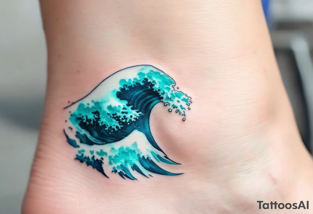 A turquoise wave crashes in delicate linework on the ankle, accented with silver highlights. tattoo idea