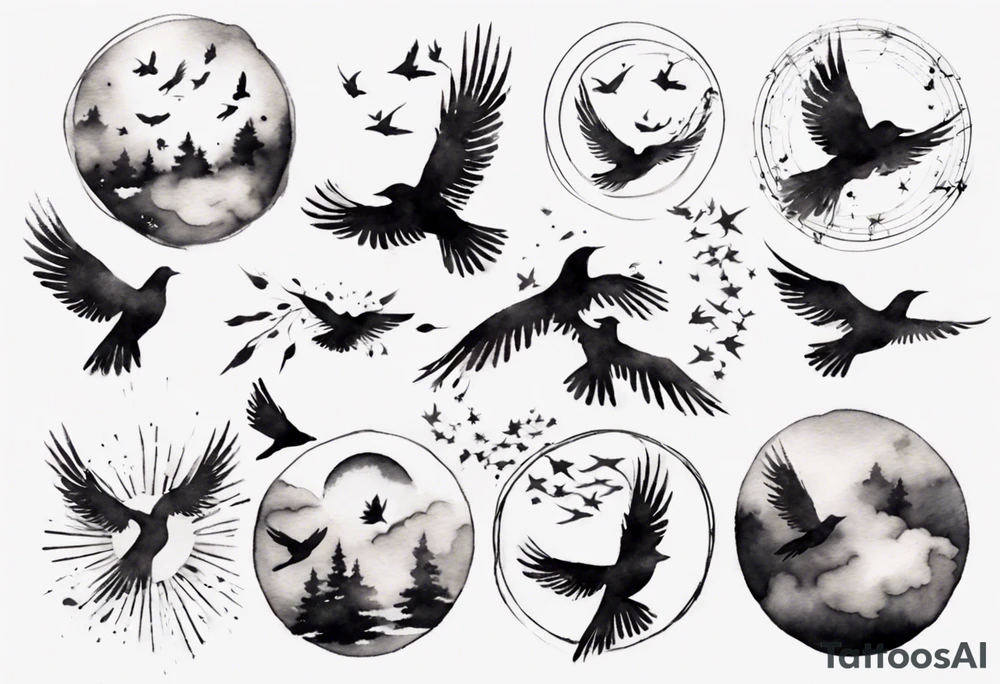 shoulder tattoo with light rays with birds flying free among the clouds, round shape, 3d effect tattoo idea