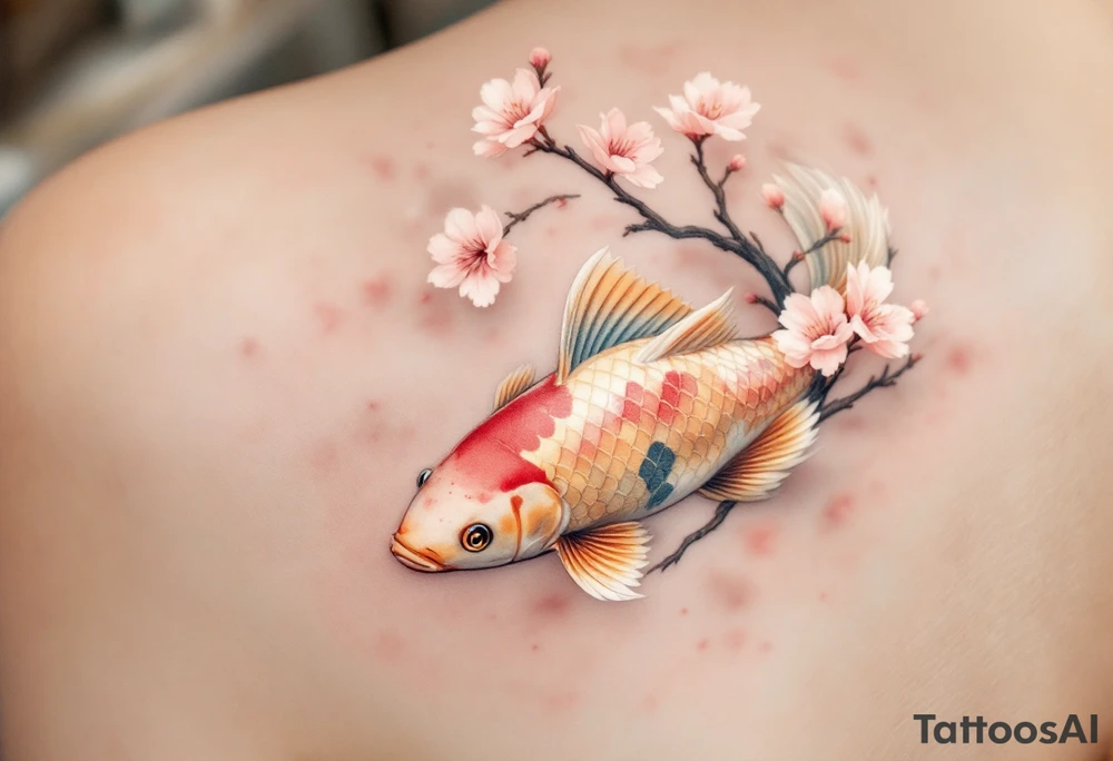 A carp swimming beneath a branch of cherry blossoms, combining nature’s beauty with soft pinks and golden scales. tattoo idea