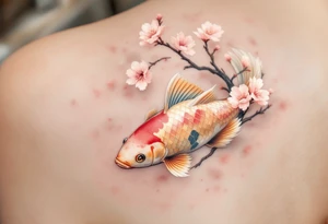 A carp swimming beneath a branch of cherry blossoms, combining nature’s beauty with soft pinks and golden scales. tattoo idea