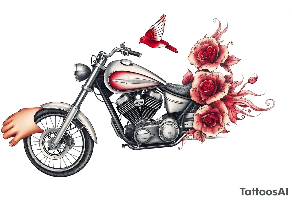 Motorcycle, red bird flying, roses and lace, flames tattoo idea