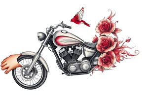 Motorcycle, red bird flying, roses and lace, flames tattoo idea