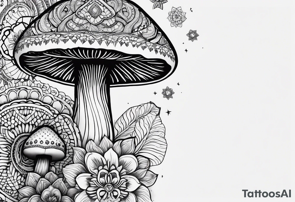 Black mushroom tattoo with henna style mandala design surrounding it tattoo idea