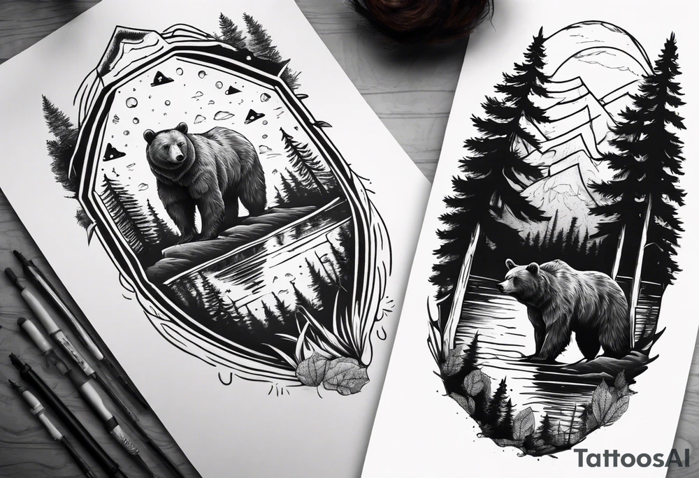 bear, forest, lake, appalachia, arm sleeve tattoo tattoo idea