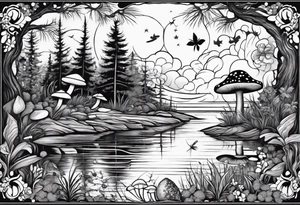 A siren under the stars in a bayou with cypress trees, mushrooms, frogs and bugs. tattoo idea