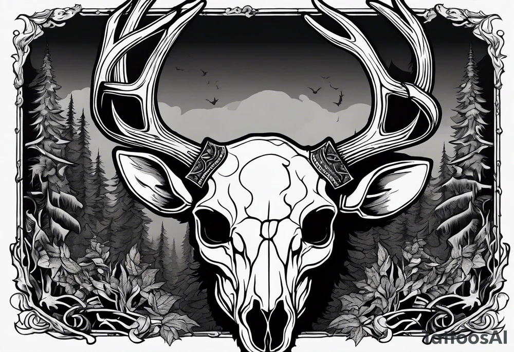 A SCARY side view of a decayed deer skull NO SKIN JUST BONE surrounded by a forest fire in background tattoo idea