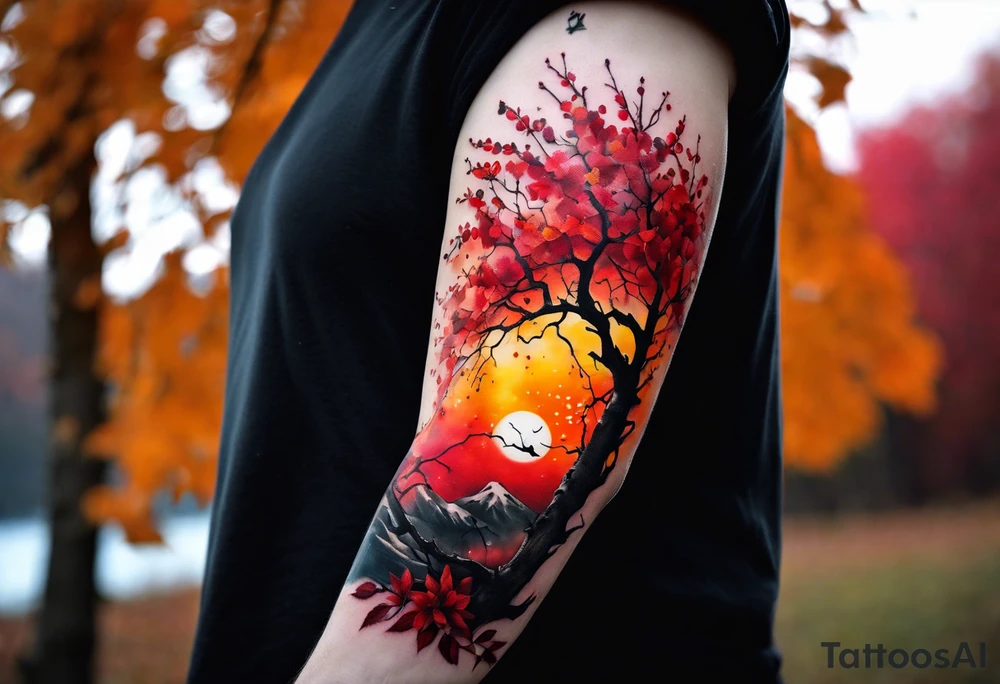 trash polka style. Arm tattoo. chest tattoo. Long tattoo. large tattoo. Full sleeve. Shoulder. A single large maple tree with red autumn leaves that branches upwards from wrist to shoulder. White-throated dipper bird on the trees branches. Calluna flowers at the base of the trees stem. Red/yellow sunset behind the trees stem. Leaves falling. tattoo idea