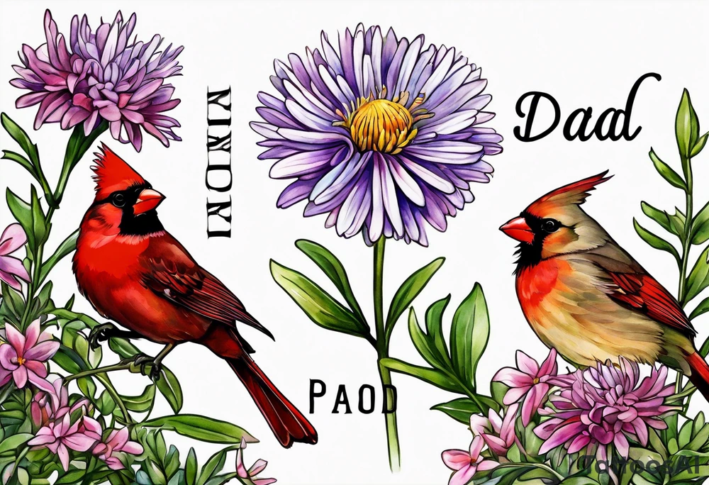 Aster flowers - sea rocket flowers with a cardinal around the words Dad tattoo idea