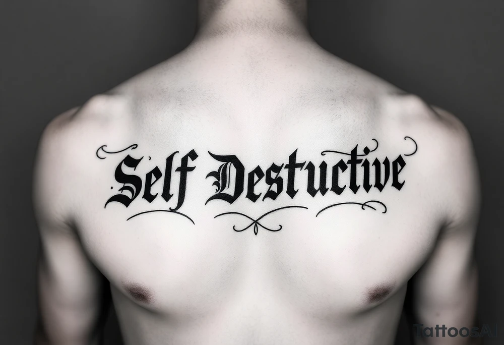 The words Self Destructive in a Chicano/old english lettering across the chest tattoo idea