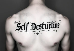 The words Self Destructive in a Chicano/old english lettering across the chest tattoo idea