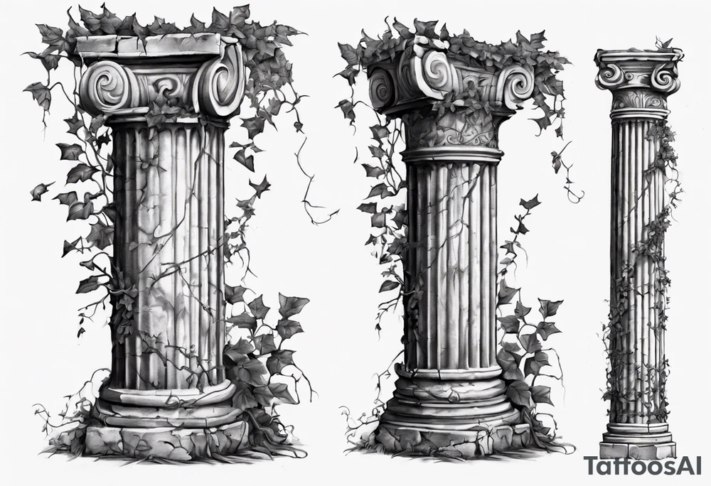 An old roman pillar in the Ionian style with the word "OMNIA" inscribed on the frieze. It has cracks on the shaft and overgrown ivy on the stylobate and stereobate. It is turned 17 degrees to the right. tattoo idea