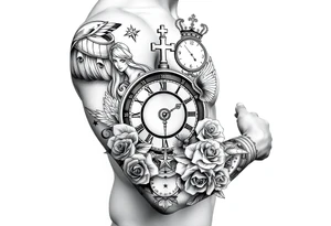 Roulette casino and princess and cross, baby angels, roses and clock and stars and fish, crown tattoo idea