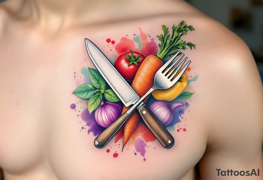 A realistic kitchen tattoo design showing a stainless steel chef’s knife with a brown wooden handle crossed over a silver fork and spoon, surrounded by fresh vegetables: a bright red tomato, an orange carrot with green leaves, a purple onion, green basil leaves, and a yellow bell pepper — all arranged in a circular layout with soft watercolor splashes in red, green, orange, and violet behind them. tattoo idea